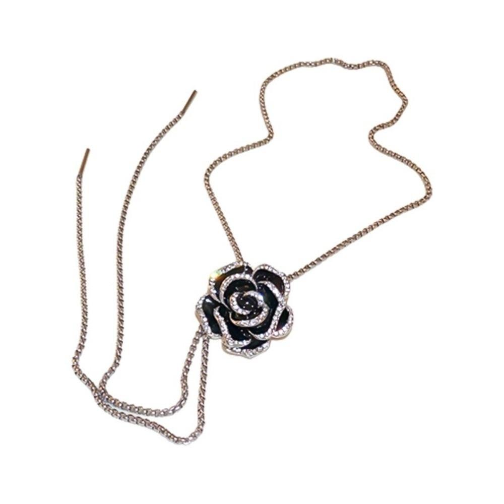

Silver Camellia Necklace Black Clavicle Chain Retro Rhinestone Brooch Women Necklace