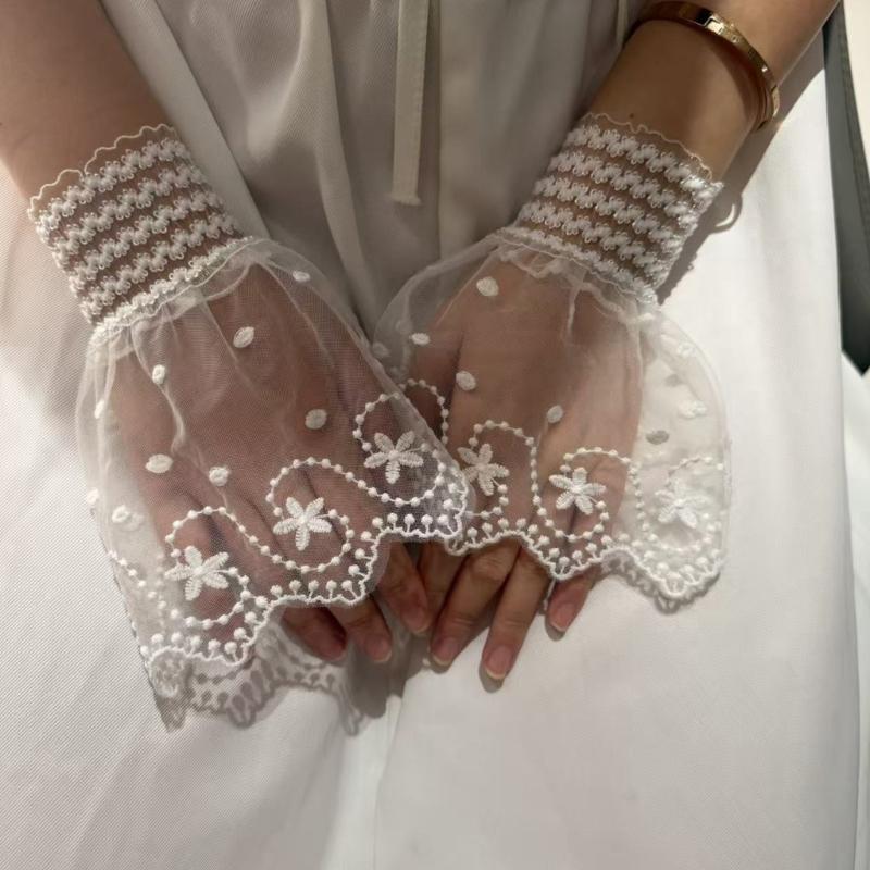 Sheer Embroidered Fingerless Wrist Cuffs Pair for Women, Lace Sleeves with Flared Cuff for Weddings and Photo Styling Use