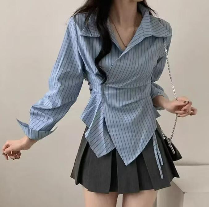

New Stripes Slim Fit Waist Irregular Shirt Fashion Elegant Lapel Casual Office Blouse Sweet Korean Fashion Long Sleeve Tops Female Simple Clothes 2XL синій