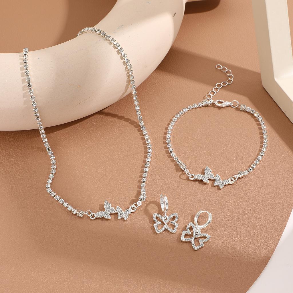Creative Rhinestone Butterfly Pendant Necklace Earring Bracelet 3 Piece Set Women Fashion Jewelry Gift