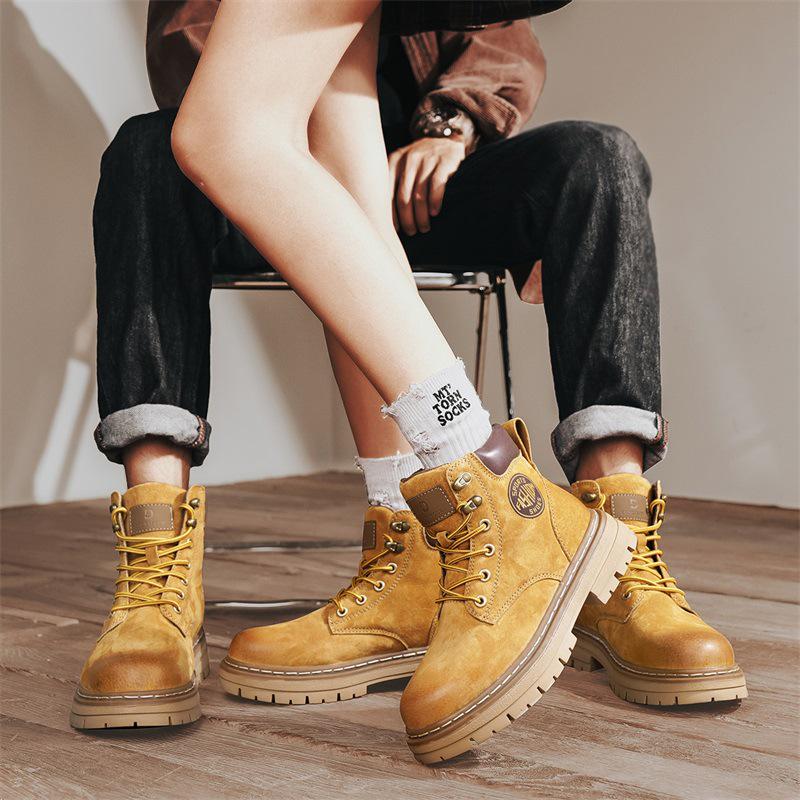 Men's Genuine Leather High-Top Martin Boots - Retro Big Yellow Style, Thick Sole, Outdoor Workwear for Autumn/Winter