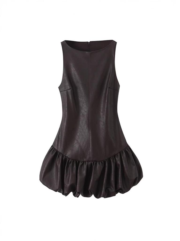 2025 Herbst/Winter Europäisches Damen-Leder-Ärmelloses Kleid mit Taillenraffung
