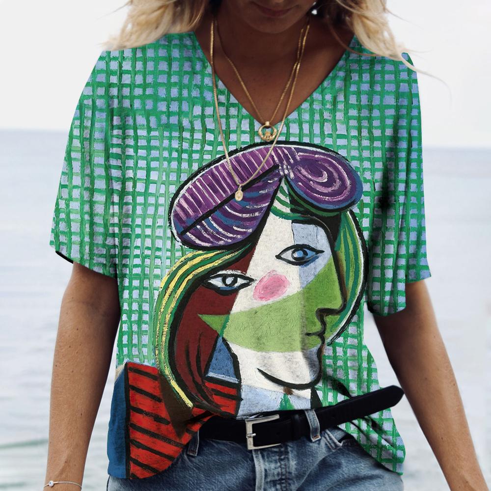 Damen T-Shirt Abstrakte Kunst Gesichtsdruck Mädchen Kleidung 3D Oversized Klassisches Kurzarm-Top Damenmode Lässig Streetwear