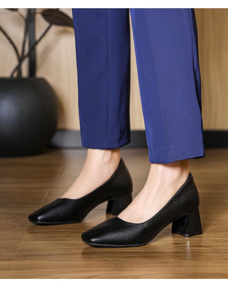 2025 Women's Black Soft Leather Square Toe Chunky Heel Formal Work Heels for Professional Attire