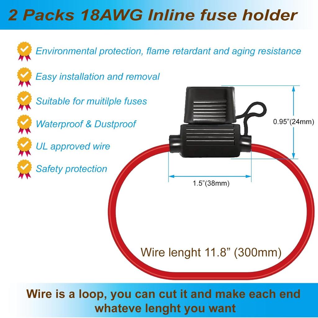 VANSIHO 18AWG Waterproof Inline Fuse Holder Kit (2-Pack) with 3A Mini Fuses - IP65 Rated, 30cm Length - for Automotive, Marine, Boat, RV, Motorcycle