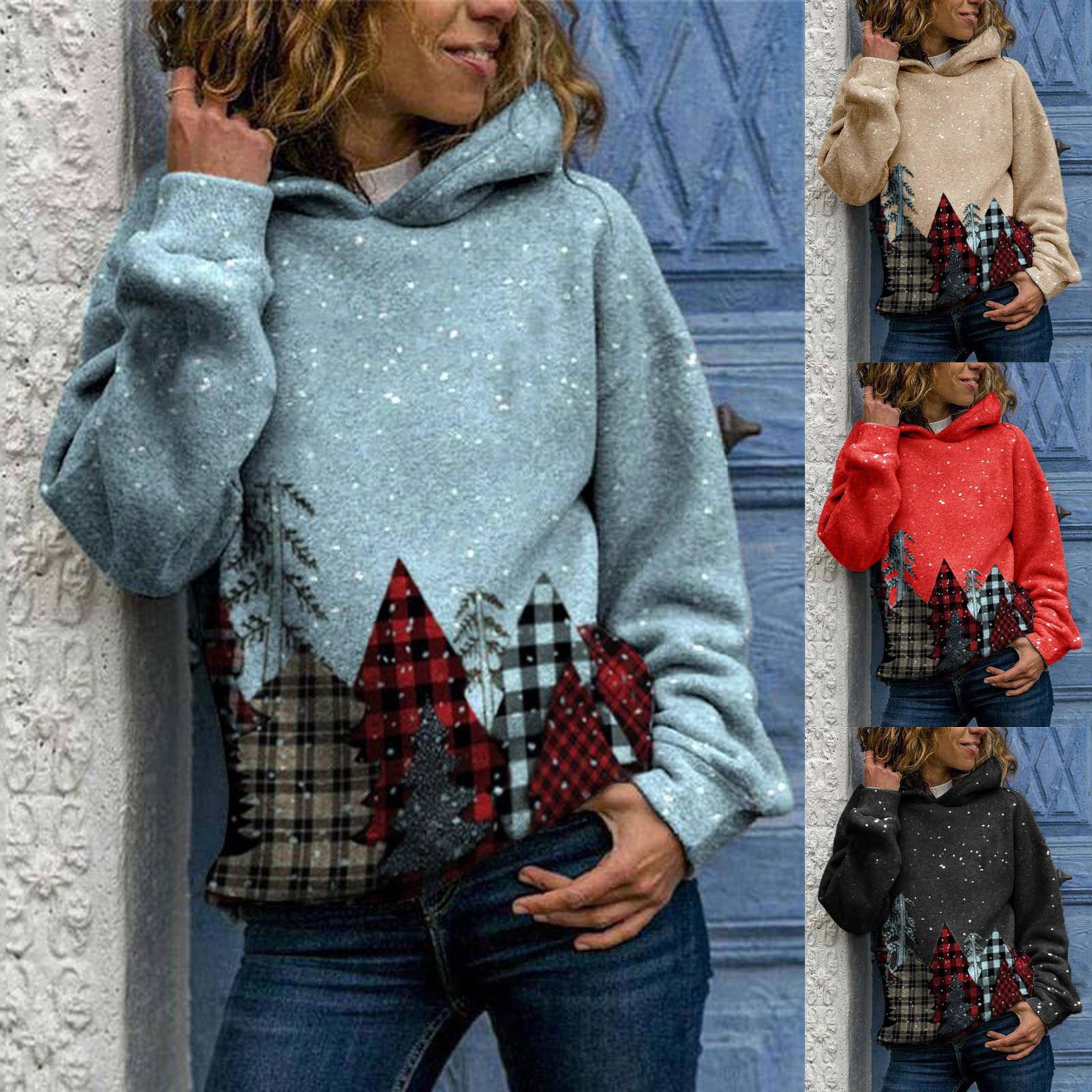 

Women s Christmas Print Hooded Long Sleeve Leisure Pullover Sweatshirt Top