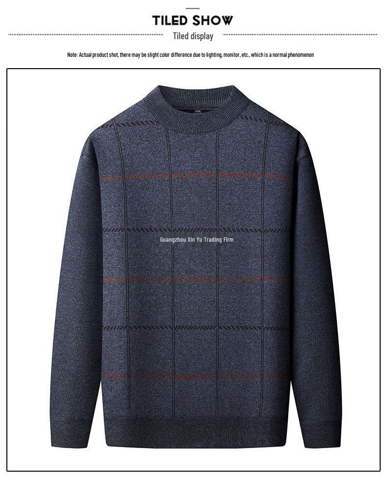 Warmer Herren-Pullover mit Karomuster und Plus-Samt für mittleres und älteres Alter (50er-60er Jahre) - Herbst/Winter Rundhals Basisschicht