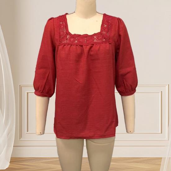 Camicetta da Donna Scollo Quadrato Manica 3/4 Colore Unico Casual Vestibilità Larga Pizzo Intrecciato Estiva Traspirante Top