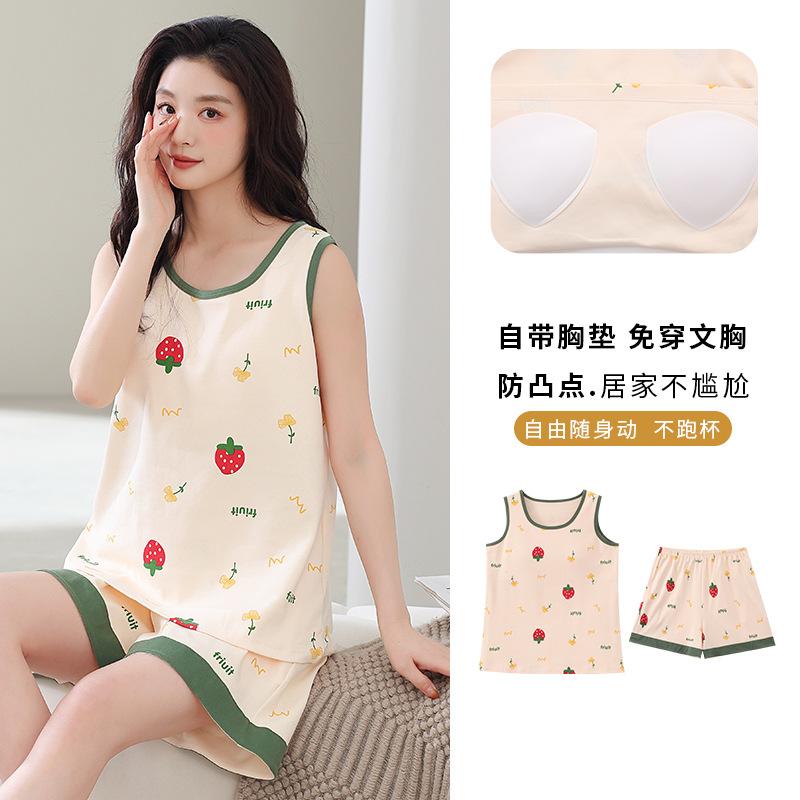 With chest pad vest shorts pajamas women's summer cloud cotton sweet and cute girl style sleeveless loungewear set
