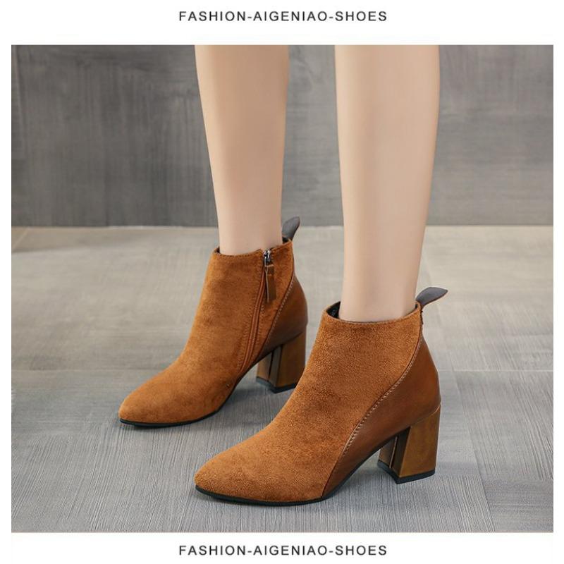 Women's Square Suede Short Boots New British Style Thick-heeled Boots Back Zipper Boots