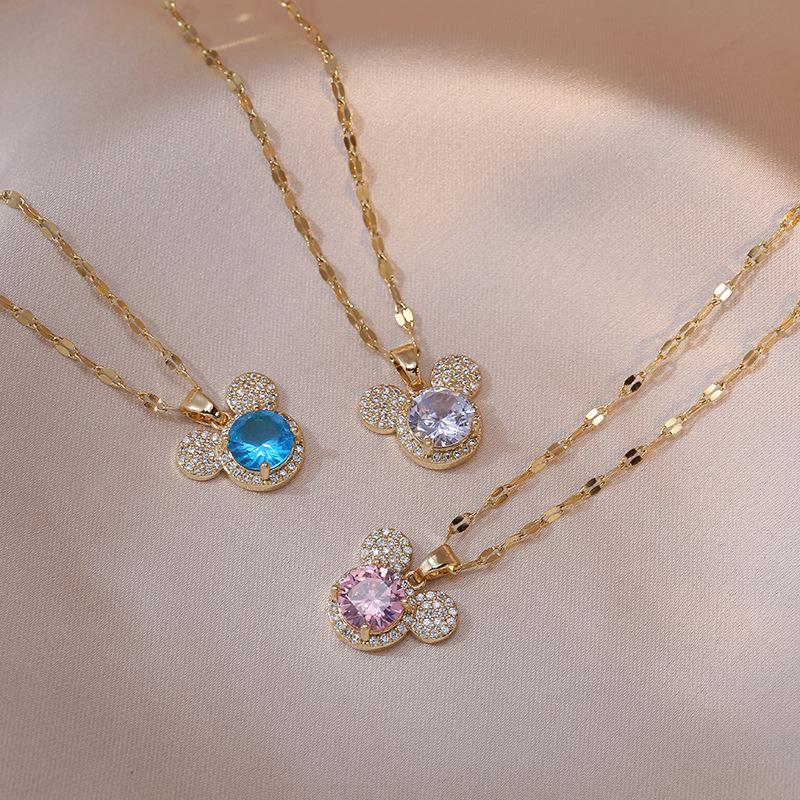Stainless Steel Big Zircon Cartoon Mouse Head Necklaces for Women Girls Cute Crystal Accessories Gifts for Friends Fans