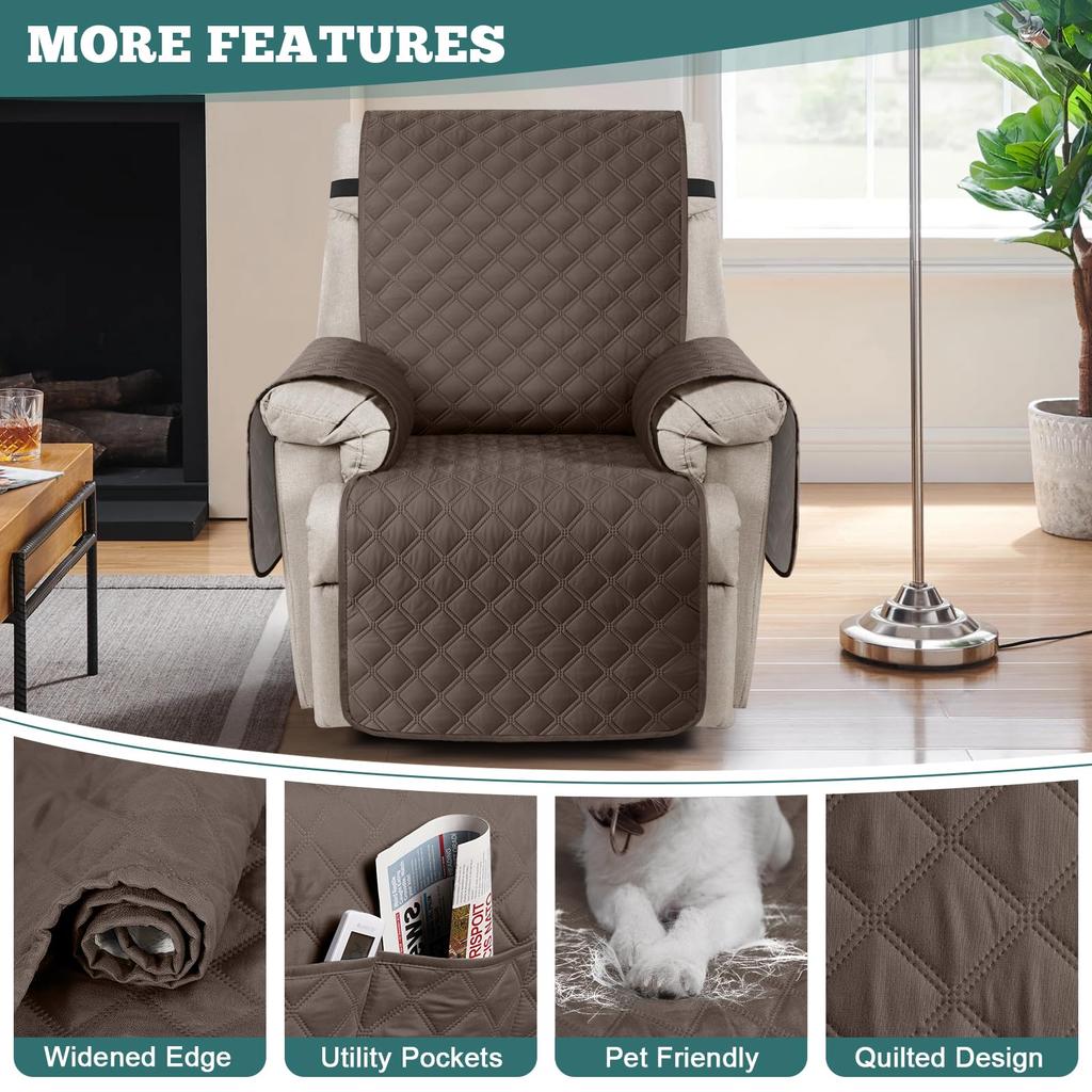 Waterproof Recliner Chair Cover 28 Inches Non Slip Elastic Straps   Machine Washable Seat Protection for Kids Dogs Pets  Dark coffee