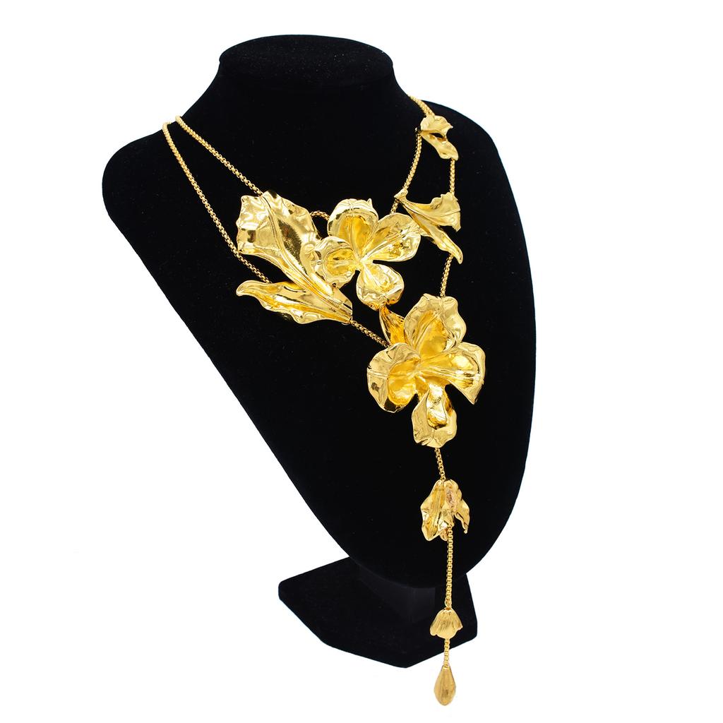 Gold Plated Alloy Carved Flower Necklace Earrings For Women Y-Shape Floral Pendant Jewelry Set Trendy Party Wedding Accessory