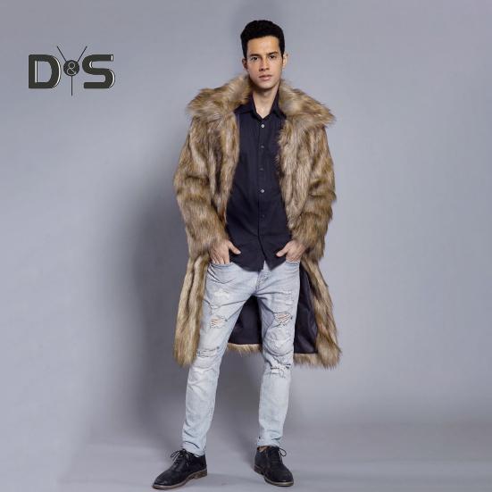 Men Long Faux Fur Overcoat Lapel Long Sleeve Windproof Open Front Coat Thickened Warm Imitation Fur Outwear
