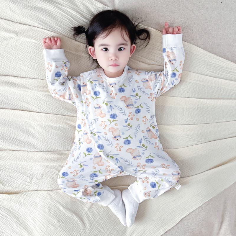 Autumn Pure Cotton Tagless Newborn Bodysuit with Double Layer Belly Protection and Long Sleeves - Baby Pajamas & Home Wear.