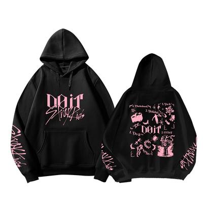 Stray Kids DOit Big Logo Sleeve Print Tracklist Hoodie Front Logo with Sleeve Print Pink Tattoo‑Style Tracklist Art Oversized K‑Pop Fan Sweatshirt