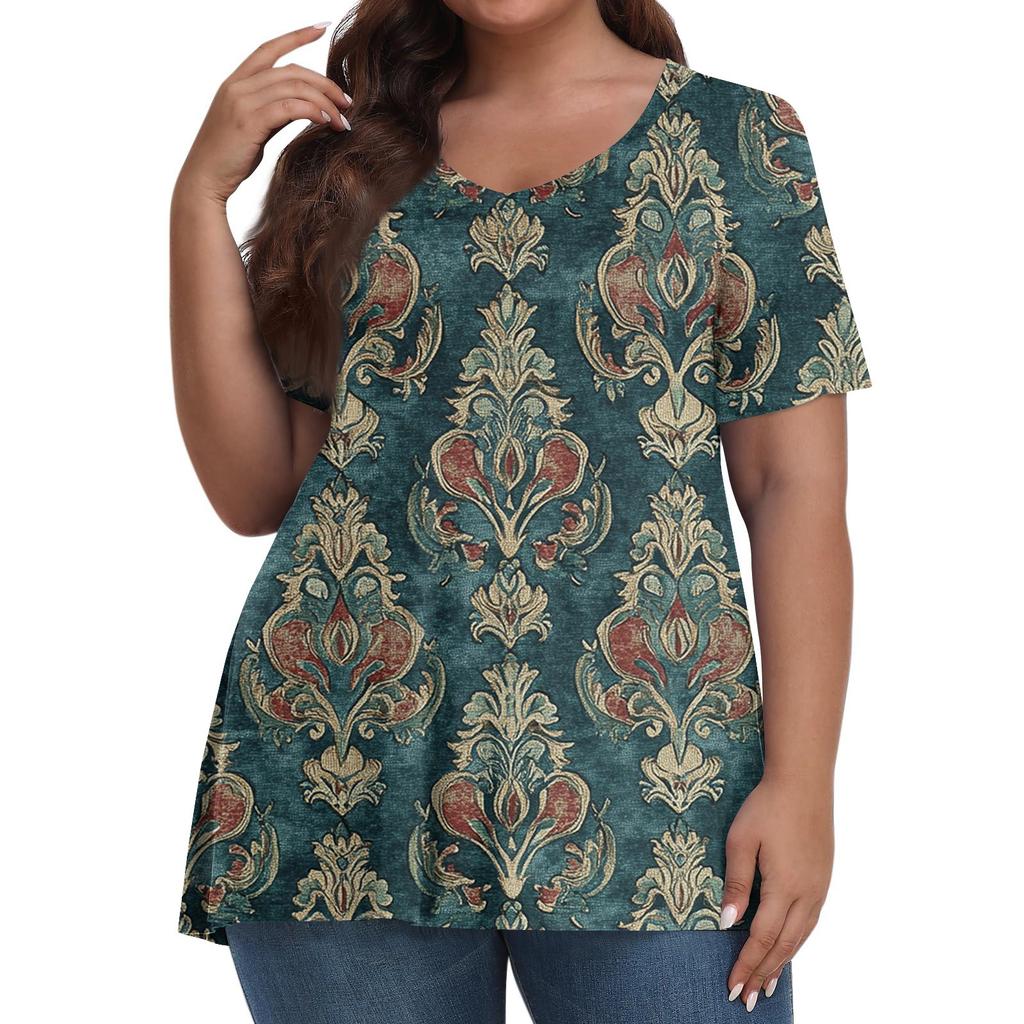 Women's Fashion Casual V-Neck Pullover Short Sleeve Large Size Vintage Printed Top