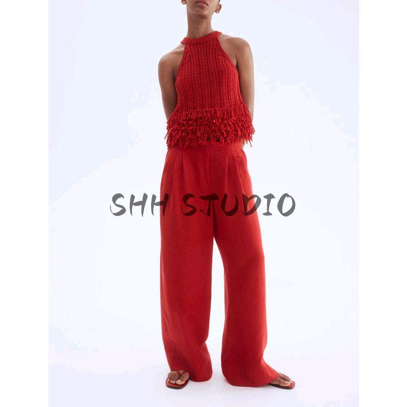 New Fall Women's Clothing French Minimalist Rib Neckline Sleeveless Fringe Knitting Tops 1307169