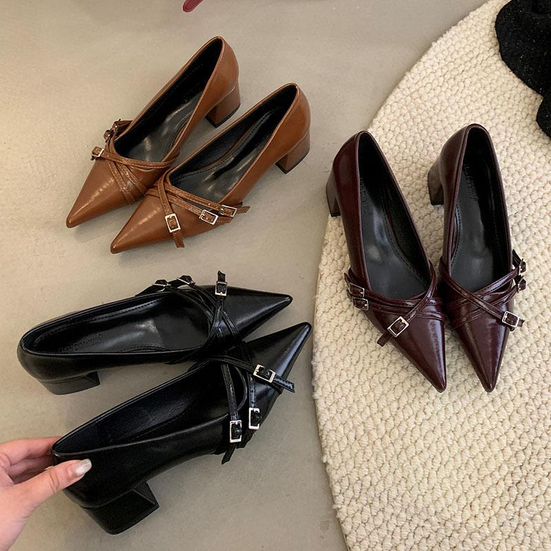 Fashion Buckle Fashion Pointed Toe Footwear Medium Heels Pumps Shoes For Women New In 2025 Female Slip On Shallow Ladies Heeled Shoes