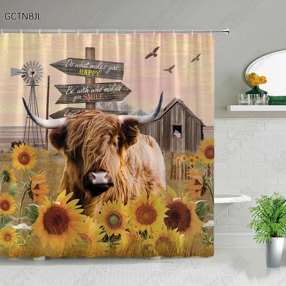 Funny Highland Bull Shower Curtains Set Western Bull Portrait Brown Wood Panel Rustic Landscape Barn Bath Curtain Bathroom Decor