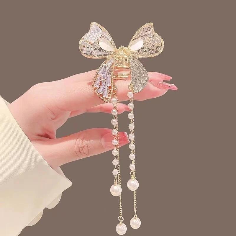 Exquisite Rhinestone Butterfly Fringe Hair Claw Korean New Ponytail Braid Pearl Hair Clip Girl Crab Metal Headdress Gift