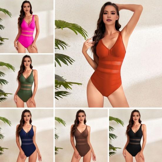 Women Sexy Monokini Deep V-neck Sleeveless One-Piece Swimsuit Hollow Mesh Splicing High Waist S-Shaped Swimwear