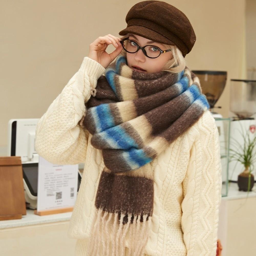 Tassel Winter Cashmere Scarves Mohair Long Shawl Classic Stripe Wool Scarf Student