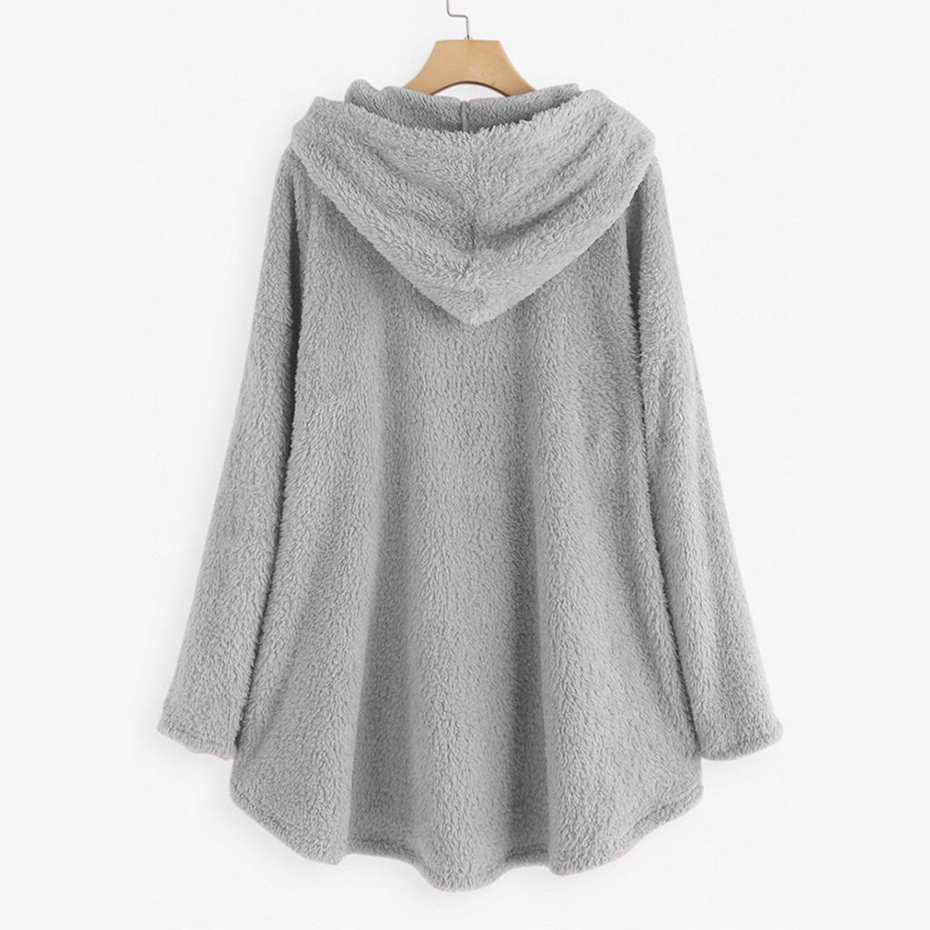 Damen Fleece Asymmetrischer Knopfsaum Übergröße Kapuzenpullover Top Pullover Bluse