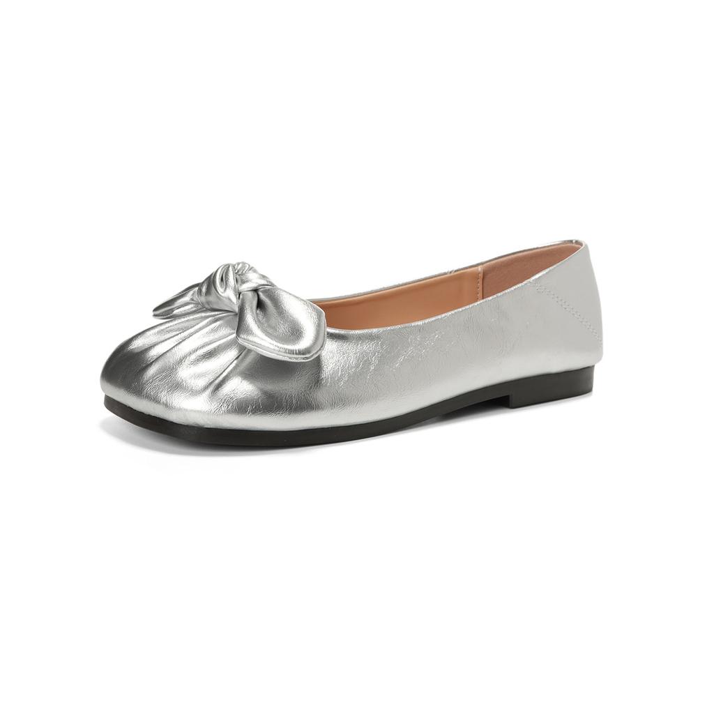 Weiwei Girl 993-11 Bow Ballet Single Shoes Women's Shallow Mouth Flat-bottomed French Silver One-pedal Beanie Shoes