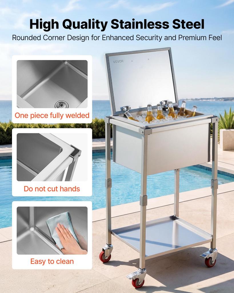 VEVOR Rolling Ice Chest Cooler Cart Stainless Steel Cooling Bin 54.6 L, Outdoor Stand Up Cooler Trolley with Wheels, Flip Lid, and Shelf