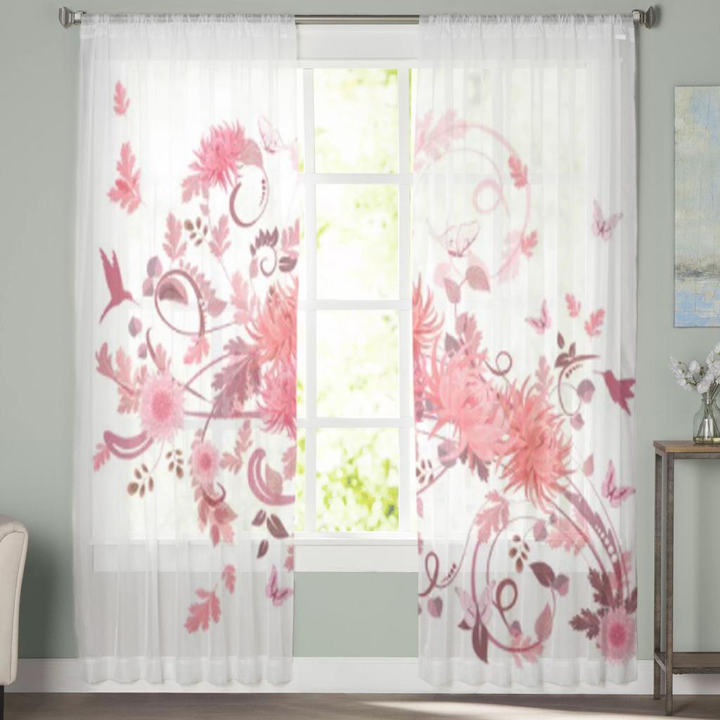 Pink Swirl Flowers Tulle Curtains for Living Room Bedroom Window Sheer Curtains Kitchen Balcony Voile Curtains