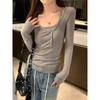 Irregular Button Design Fake Two-piece Threaded Long-sleeved T-shirt Bottoming Shirt for Women Scheming V-neck Short Top
