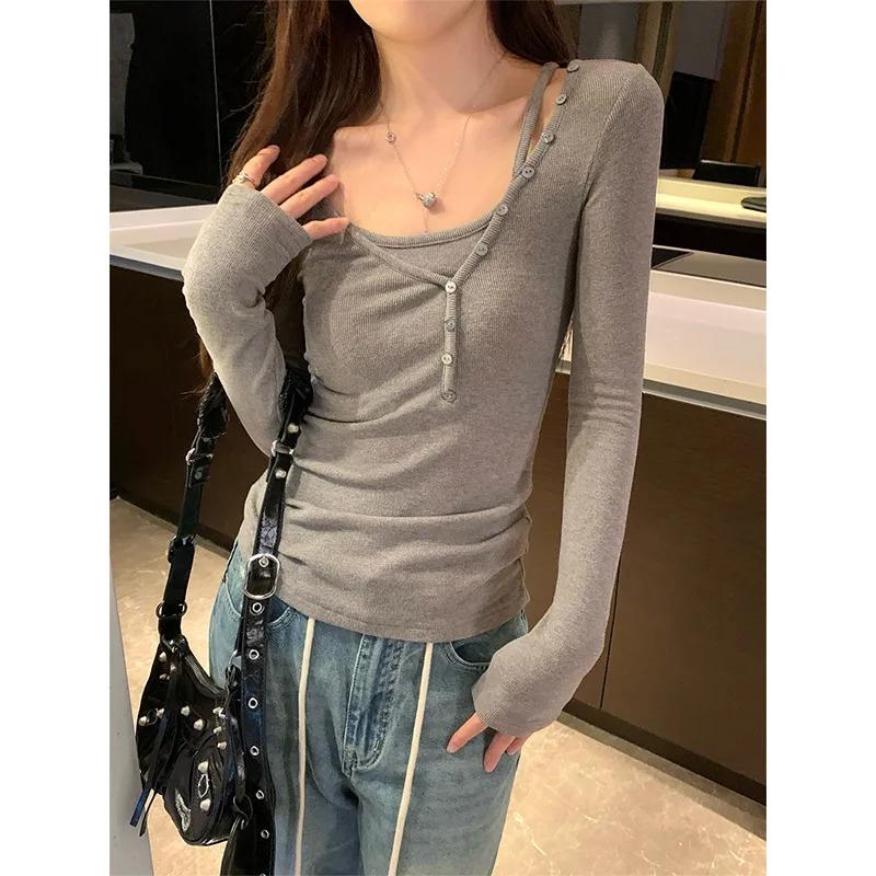 Irregular Button Design Fake Two-piece Threaded Long-sleeved T-shirt Bottoming Shirt for Women Scheming V-neck Short Top