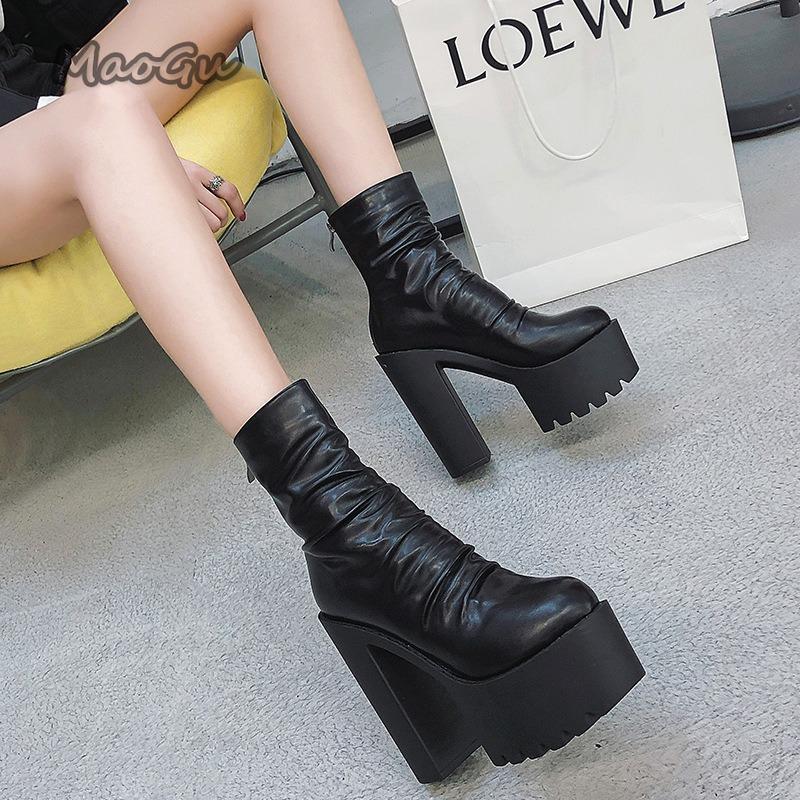 Autumn Gothic Ankle Boots Black PU Back Zip Super High Heel Short Boots Pleated Platform Shoes for Women Botas Para Mujer