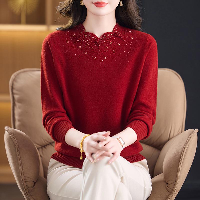 Year of the Rat Women's Thick Cashmere Sweater - Half-High Collar, Chinese Style, Plus Size, Red Winter Base Layer.
