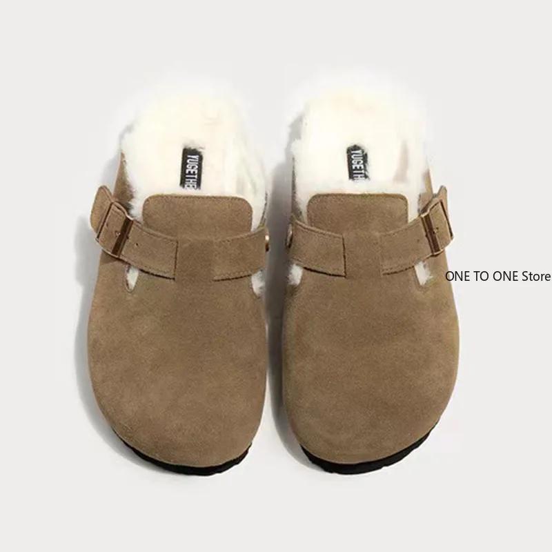 Fashion Women's Slippers 2025 Autumn Winter Leather Round Toe Slippers Couple Slippers Outdoor Casual Keep Warm Women Suede Slides Mujer
