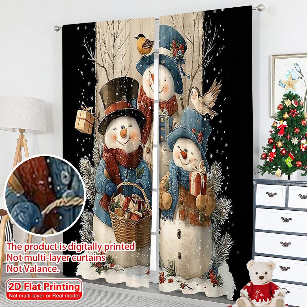 2pcs 2D Flat Printing Merry Christmas Curtains Snowman_ Versatile Fabric Without Electricity Family Party Perfect for Home Decor