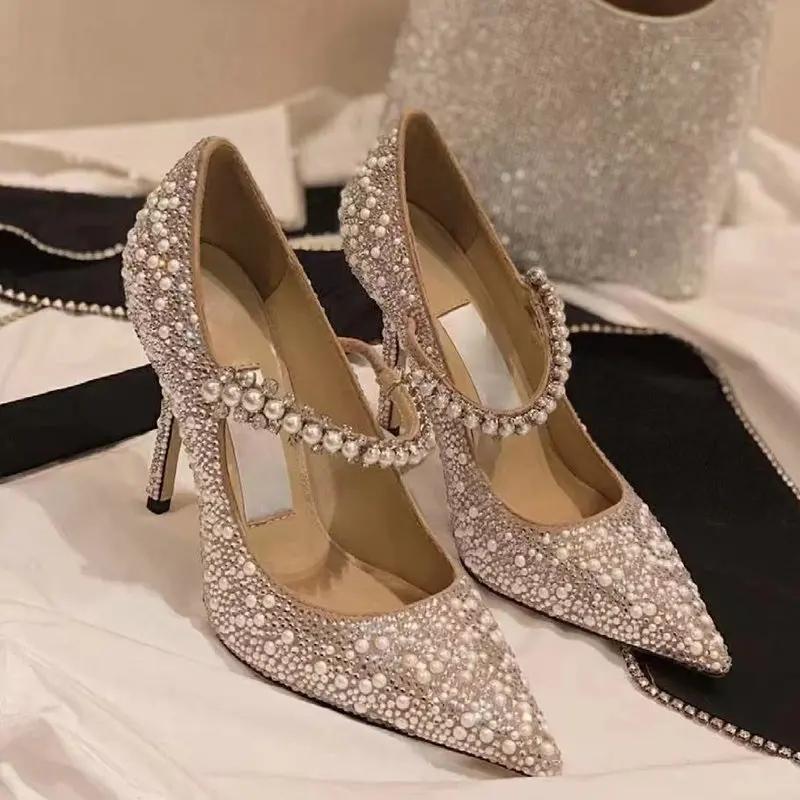 Fashion Bridesmaids Banquet Heels For Women 2025 New Skinny With Bride Wedding Shoes Dress Pearl Crystal Annual Meeting Single Shoes