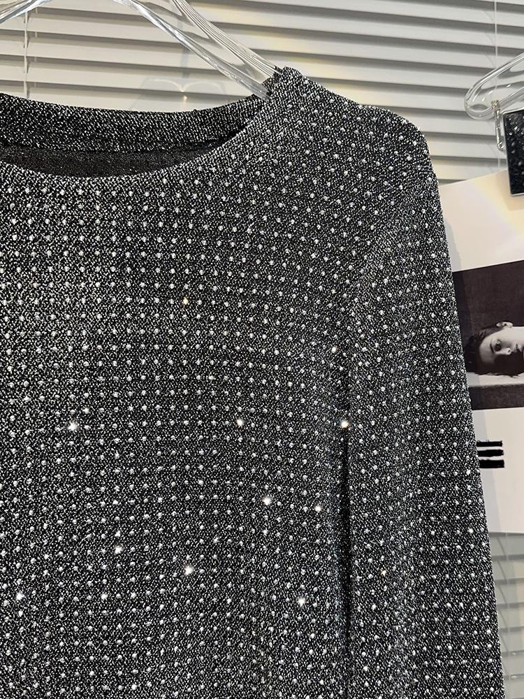 Casual Diamond Bright Design Long Sleeve T-shirt For Women Irregular Round Neck Simple Top 2026 Autumn Female New 11XX5835