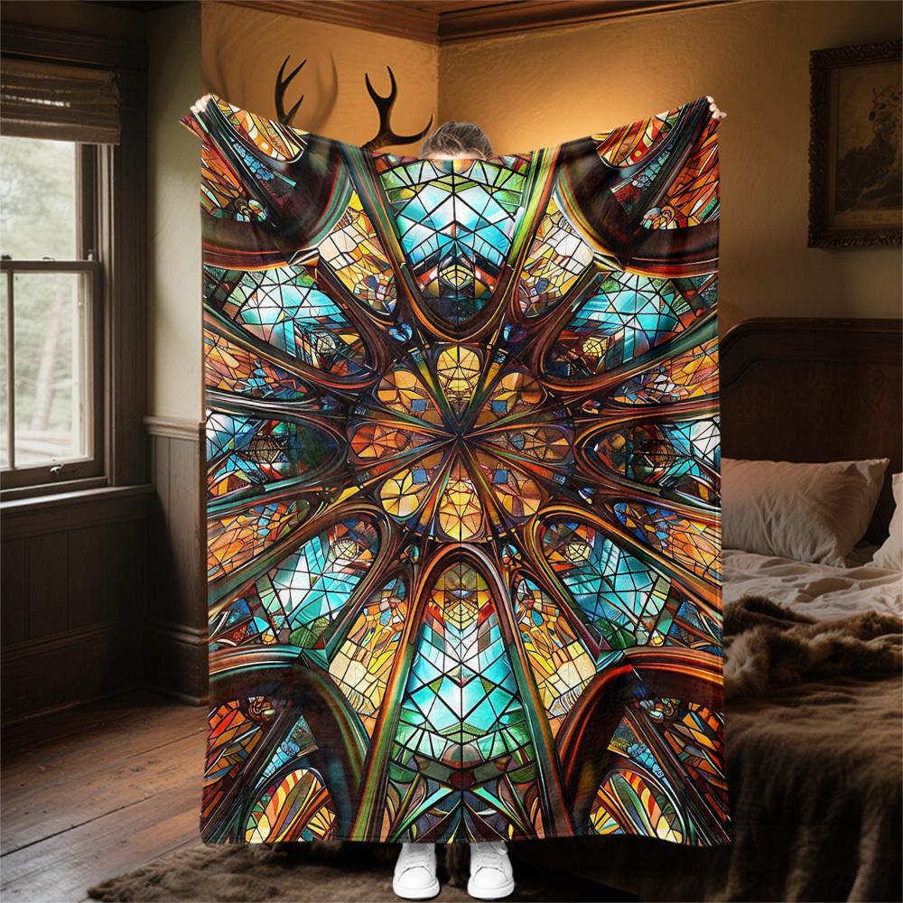 1PC Stained Glass KaleidoscopeOutdoor Flannel Blanket - Soft Plush Decor for Picnics, camping, Bedroom, Playroom, Office, or Lunch Break 1310A