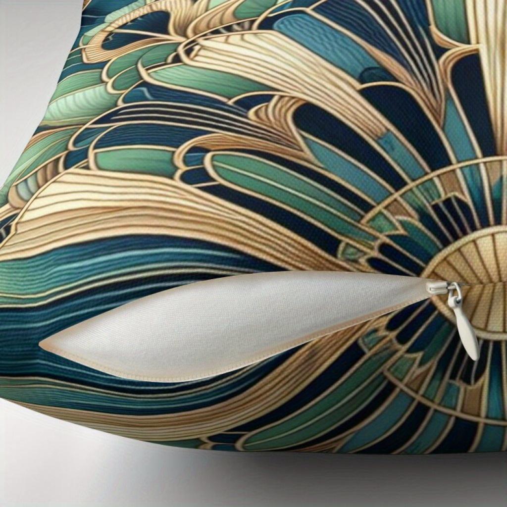 1Pc Art Deco Peacock Feather Pillow Cover, Polyester 2D Double-Sided Print, Luxury Geometric Mandala Art, Boho Home & Car Decor