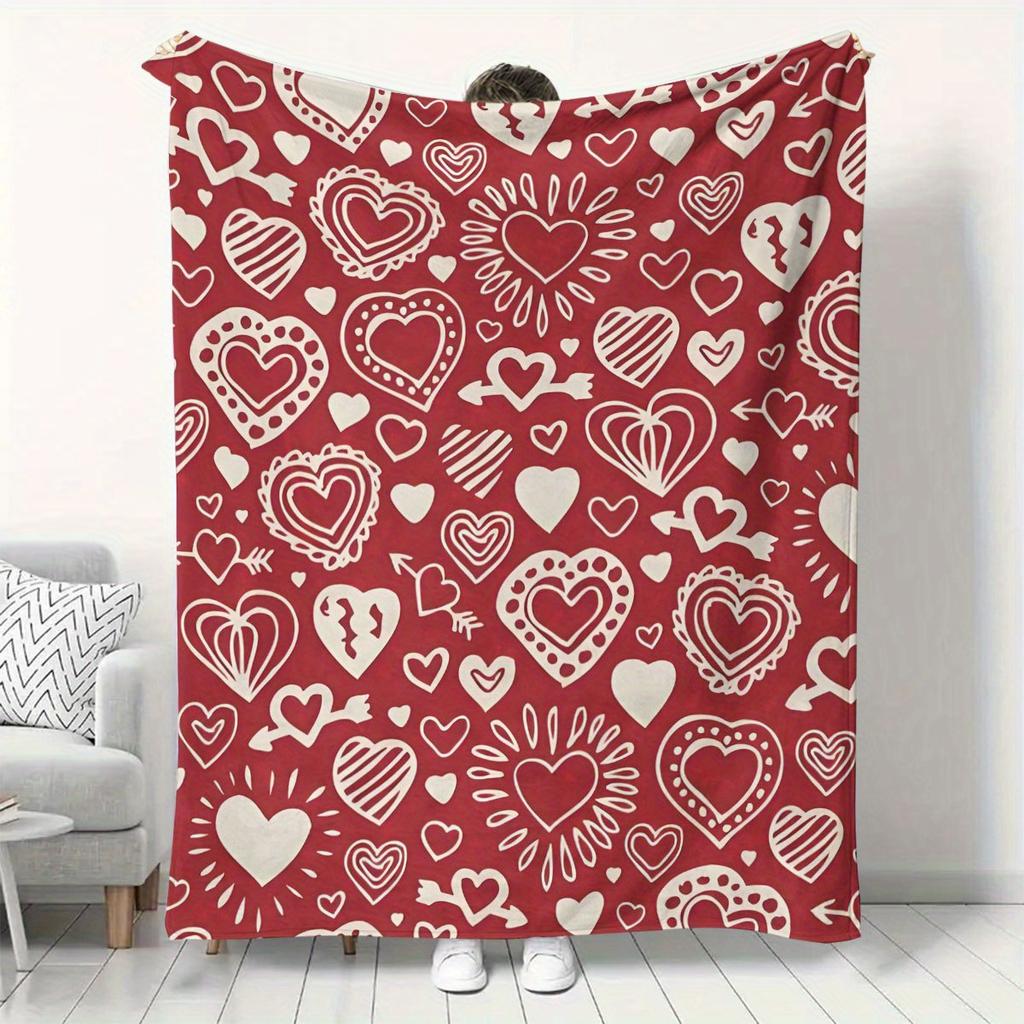 Bright red heart-shaped pattern Flannel printed blanket suitable for all seasons suitable for living room office sofa and travel
