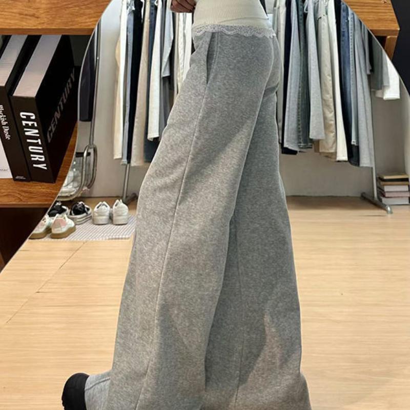 Spring-Autumn Knitted Lace Paneled Wide-Leg Joggers for Women Versatile Loose Draped Floor-Length Casual Pants