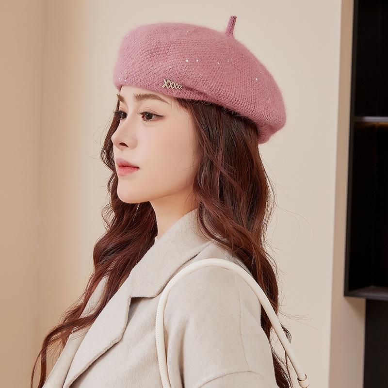 Beret Hat Women's Autumn and Winter Style Face Showing Little Painter's Hat Trendy New Large Head Circumference Rabbit Fur Knitted Newsboy Hat