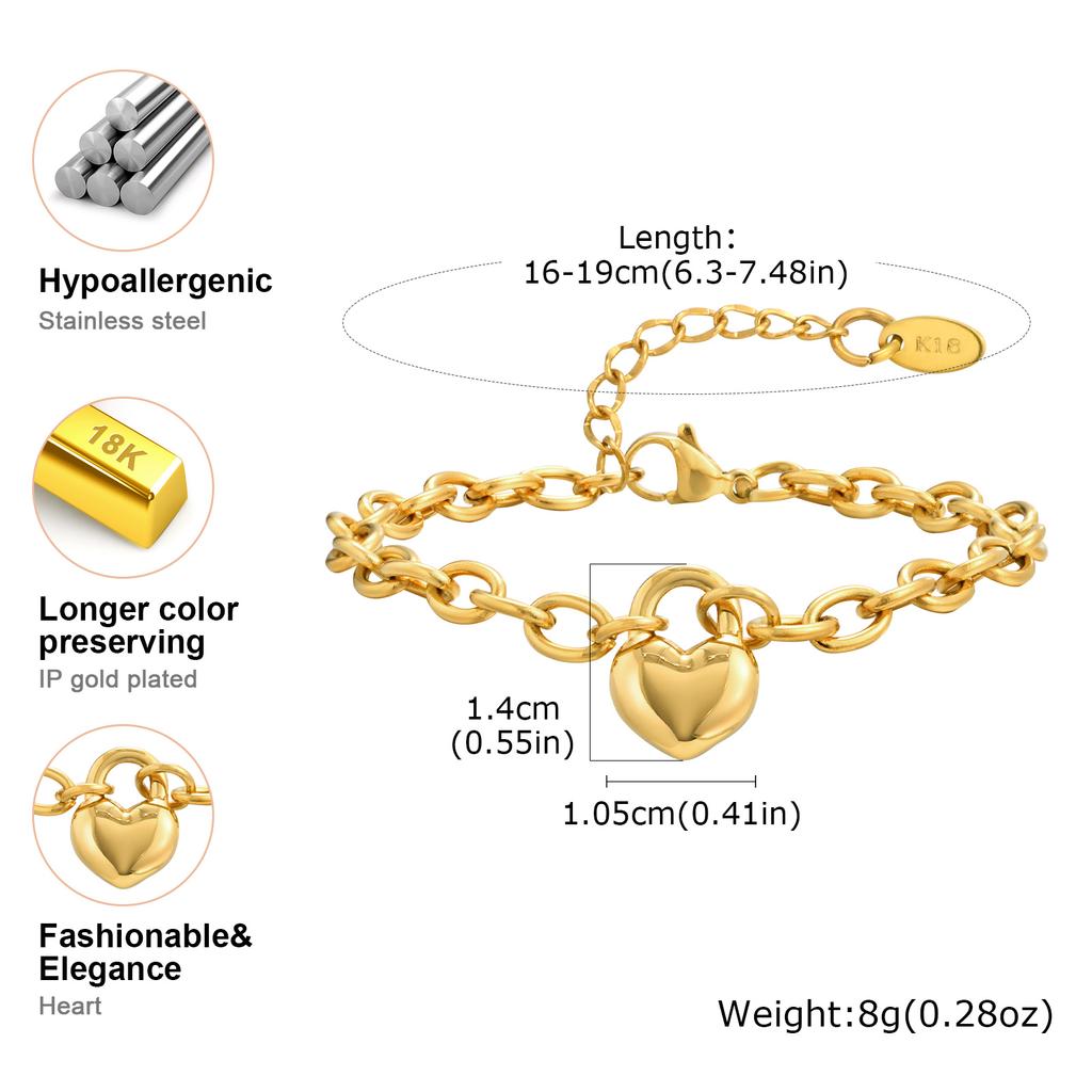 Unique Heart-shaped Lock Bracelet for Women,Gold Color Round Rolo Chain Stainless Steel Bracelets,Female Party Jewelry Gift