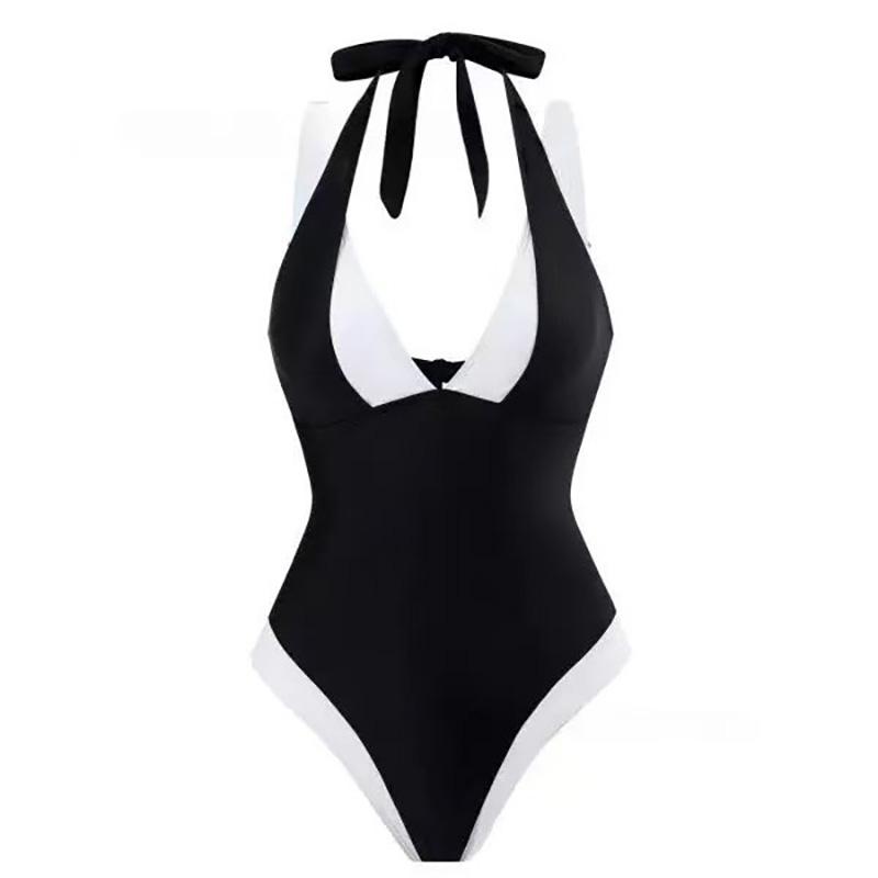 Women'S Sexy One Piece Swimsuit Solid Color Halter Ring Hollow Out Beachwear Swimsuit Fashion Pleated Halter Bikini Sets