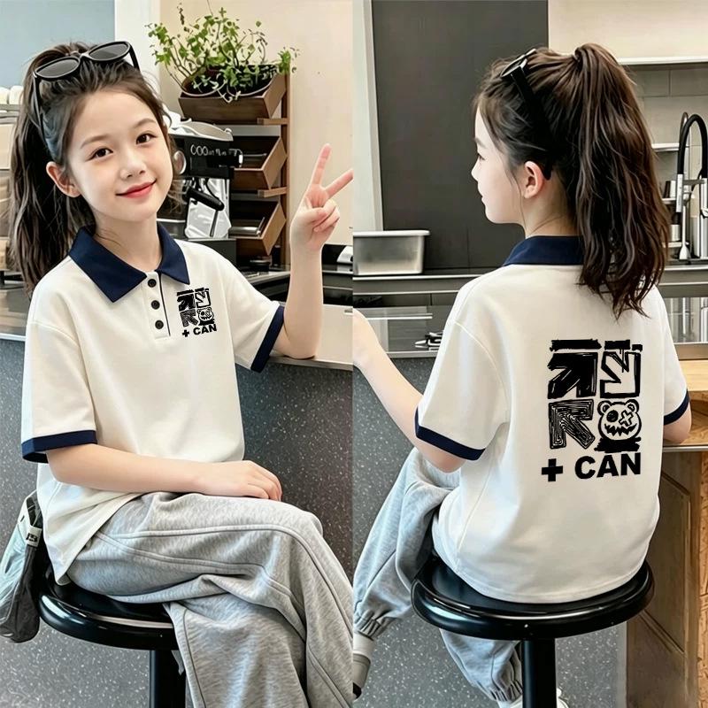 Korean Style Girls' 2026 Summer Cotton Polo Shirt: Color Blocked Lapel Short Sleeve T-shirt for Medium and Large Children