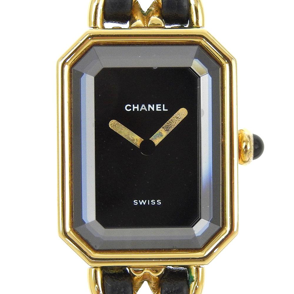 Chanel Premiere M Watches H0001 blackDial Plated Gold/Embossed Leather Quartz Analog Display Women Used