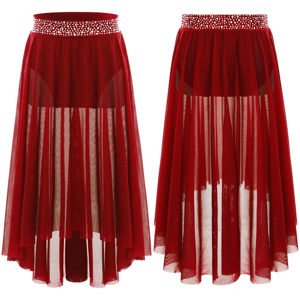 Girls Lyrical Contemporary Modern Dance Skirts Shiny Rhinestones Waistband Side Slit High Low Irregular Mesh Skirt Performance Costume