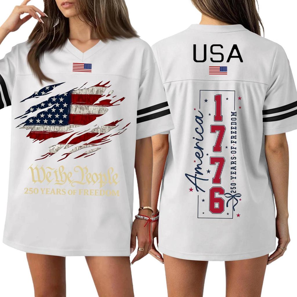 Damska Codzienna Modna Koszulka Sportowa z Dekoltem V z Nadrukiem na Dzień Niepodległości Krótkim Rękawem Top